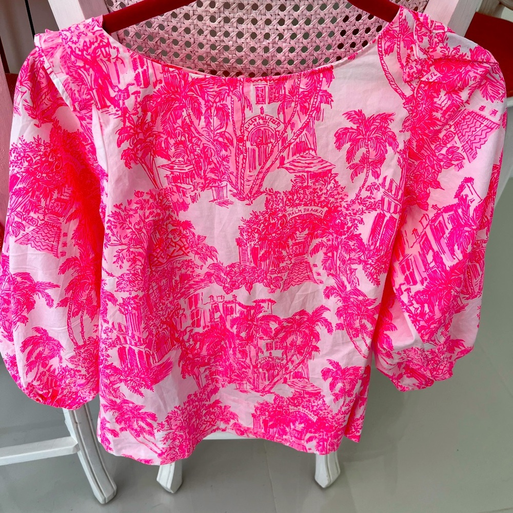Lilly Pulitzer puffy sleeved stretch cotton hot pink toile top 2